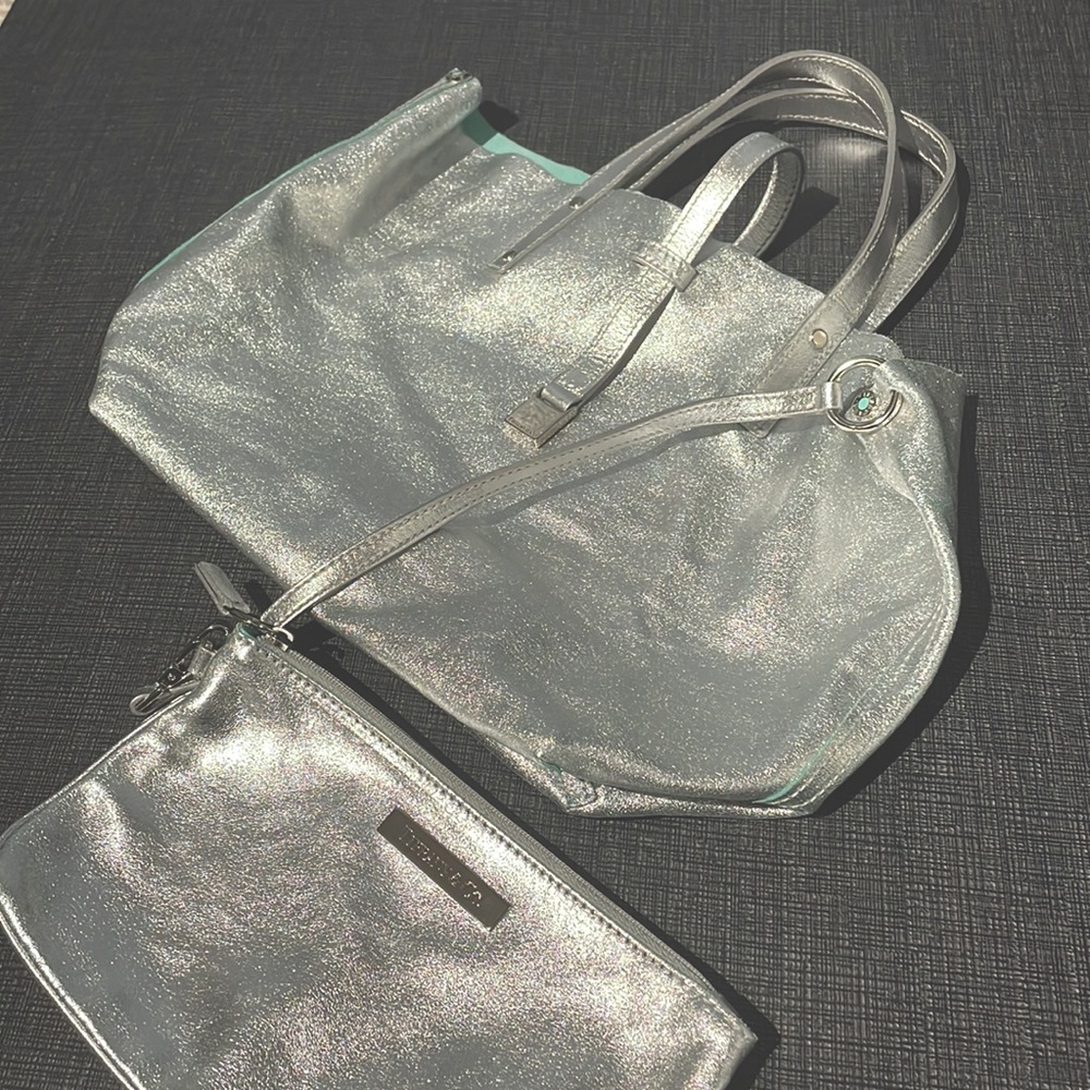 TIFFANY & CO. Metallic Silver Leather & Blue Suede Tote Bag